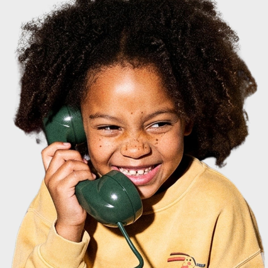Enfant avec un téléphone combiné vert-bleu