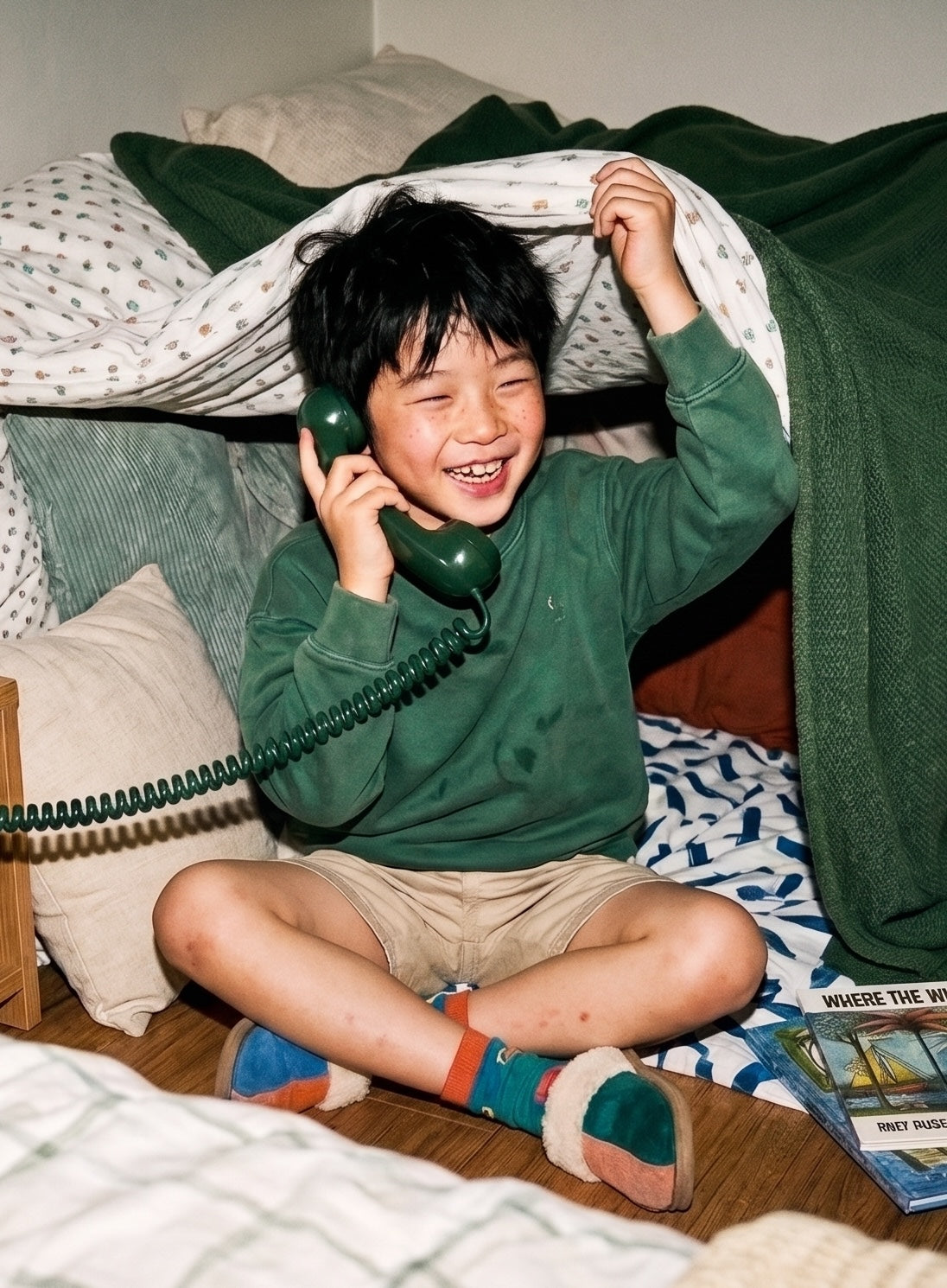Enfant avec un téléphone combiné vert sous la couette 