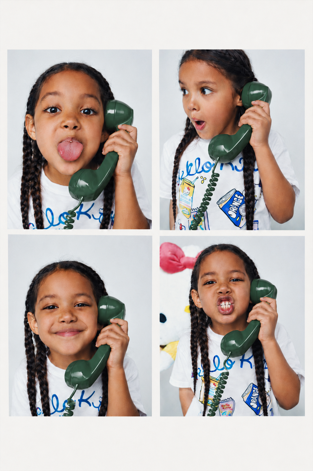 Petite fille avec un téléphone combiné vert 