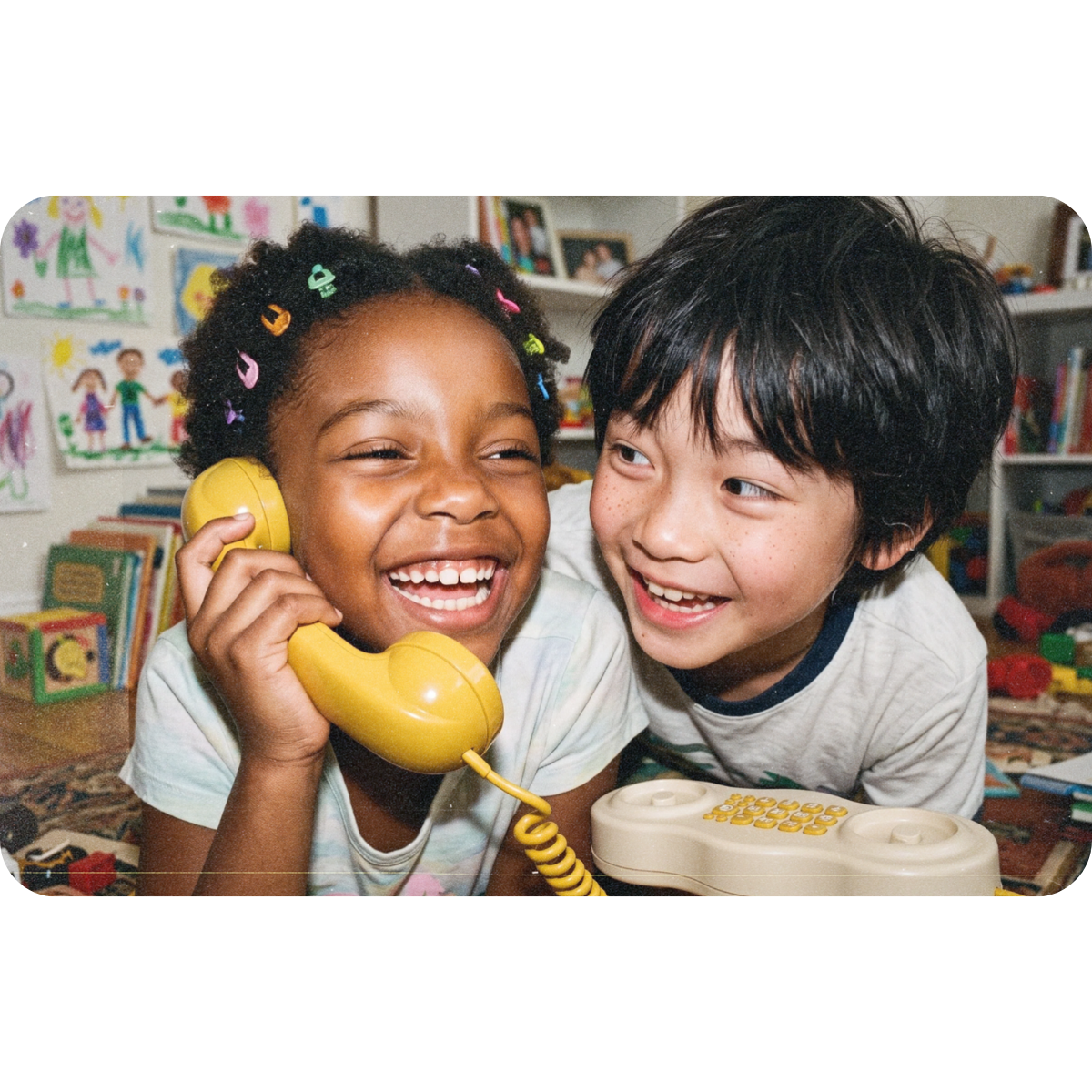 Enfants utilisant le téléphone Combiné jaune 